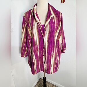 JMS Magenta & Cream Striped Button-Down Shirt with Attached Tank, Size 3X